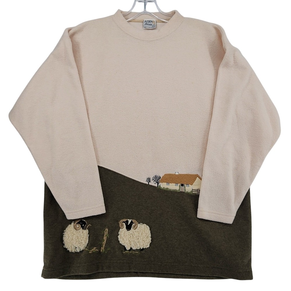 Acorn Leisure L/XL Beige Green Sheep Fleece Sweatshirt Cottagecore Vintage UK